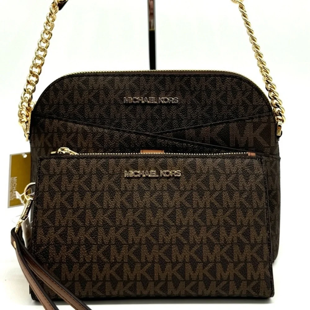 MICHAEL KORS Jet Set Travel Medium Dome Crossbody Bag & Double Zip Wallet Brown